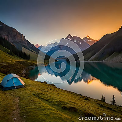 Blue dome tent mountain lake camping Stock Photo