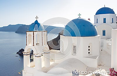 Blue domed church in Fira, Santorini, Greece Stock Photo