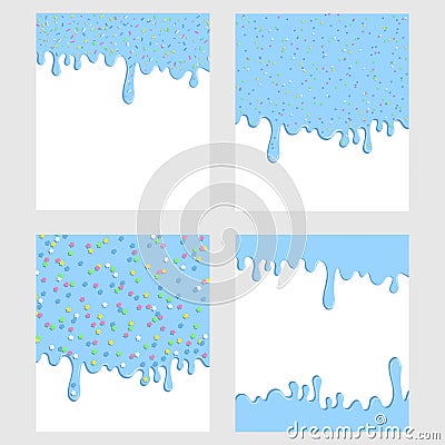 Blue donut glaze background set. Liquid sweet flow, tasty dessert topping with colorful stars and sprinkles. Ice cream Vector Illustration