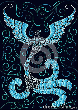 Blue doodle bird on black Vector Illustration