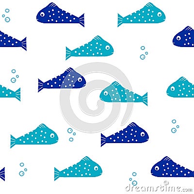 Blue doodle pattern with fancy fish. Design for kids. Stock Photo