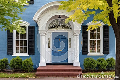 blue door of a colonial revival house with a white, arched fanlight above Stock Photo