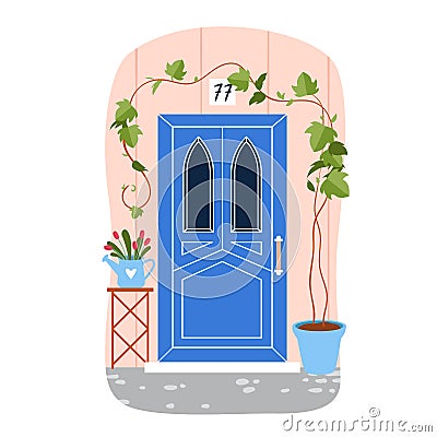 Blue door to house with ivy plant in pot and lancet windows, front view from town street Vector Illustration