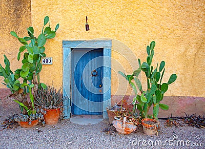 Blue door weathered stucco potted cactus plants Stock Photo