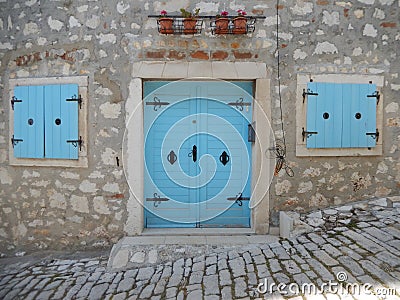 BLUE DOOR AND WINDOWS, ROVINJ, CROATIA Stock Photo
