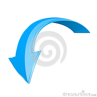 Blue down 3d arrow. Shiny curved icon isolated on white background Vector Illustration