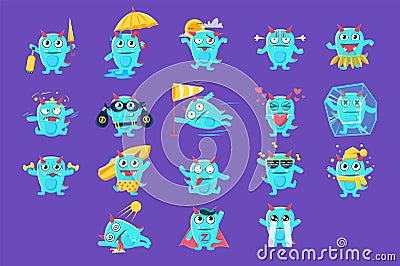 Blue Dragon Character Activities Set Vector Illustration