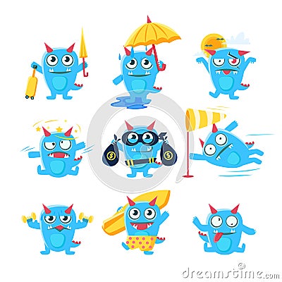 Blue Dragon In Different Situation Vector Illustration