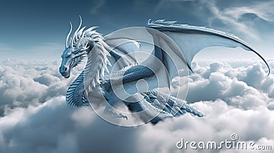 The blue dragon flies above the clouds. AI Generated Stock Photo
