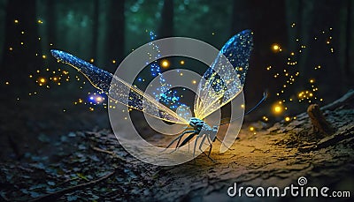 a blue dragon flys through a forest filled with fireflies Stock Photo