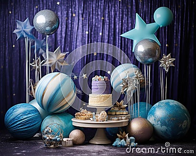 Blue dream rachet dream annniversary smash cake backdrop. Cartoon Illustration