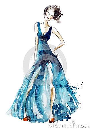 Blue dress fashion illustration, watercolor painting Cartoon Illustration