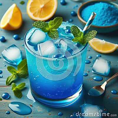 Blue drink cocktail, blue food coloring, condensed milk, mint leaves, ice, lemon soda, drinks concept Stock Photo