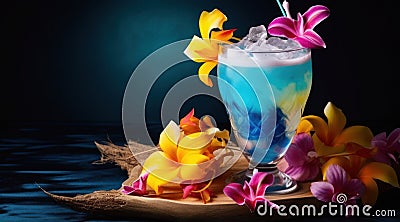 a blue drink with ice and flowers Stock Photo
