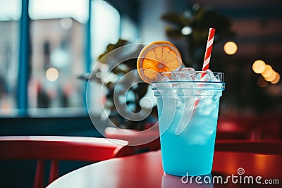 a blue drink sitting on a table in front of a window Stock Photo