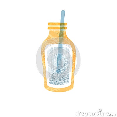 Blue drink in glass bottle. Refreshing beverage in transparent container with drinking straw. Flat vector icon with Vector Illustration