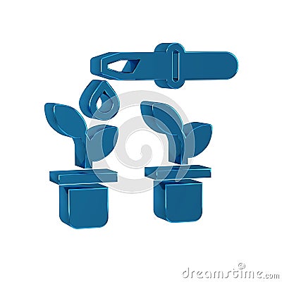 Blue Drop of water drops from pipette on plant icon isolated on transparent background. Medical or agricultural Stock Photo
