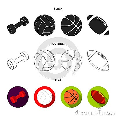 Blue dumbbell, white soccer ball, basketball, rugby ball. Sport set collection icons in black,flat,outline style vector Vector Illustration