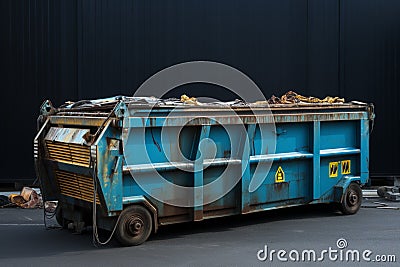 A blue dumpster, constructed from durable iron, facilitates the transport of waste Stock Photo
