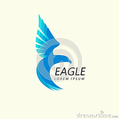 Blue Eagle attacking flight, trendy minimalistic template design for logos, emblems, symbols. Vector Illustration