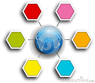 Blue Earth in center of hexagonal infografic report chart Stock Photo