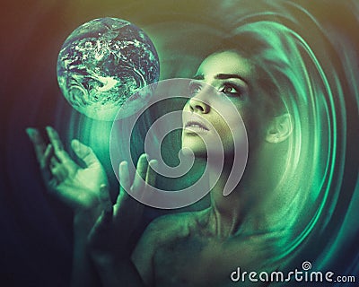 Blue Earth in her hands. Birth of a new universe. Stock Photo