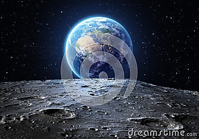 Blue earth seen from the moon surface Stock Photo