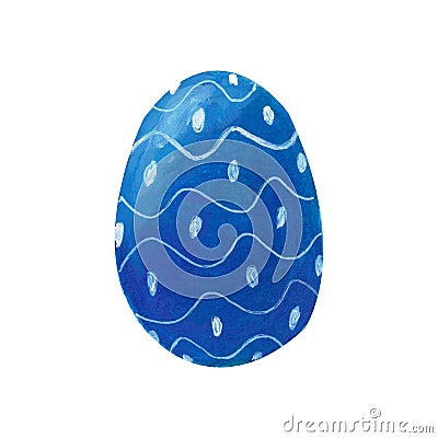 Blue easter egg isolated on white background. Watercolor gouache hand drawn illustration. Happy easter holiday Cartoon Illustration