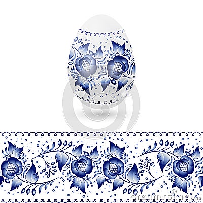 Blue Easter egg stylized Gzhel. Russian blue floral traditional pattern. Vector illustration Vector Illustration