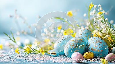 Blue Easter Eggs with Golden Decor and Blossoms on Festive Background Stock Photo