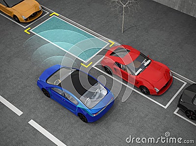 Blue electric car driving into parking lot with parking assist system Stock Photo