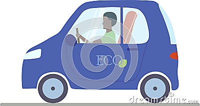 A blue electric car with a man sitting inside it. Vector Illustration