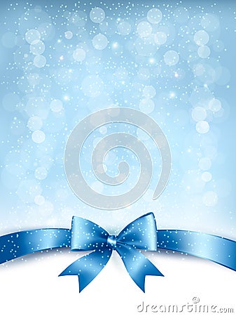 Blue elegant holiday background with gift bow and ribbon. Vector Illustration