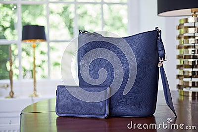 Blue elegant leather hand bag and purse in luxury interior Stock Photo
