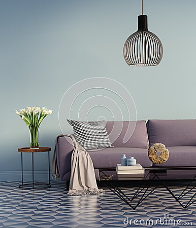 Blue elegant purple sofa with a side table and flowers Stock Photo