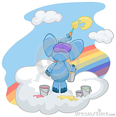 The blue elephant stands on the cloud and draws the sun Vector Illustration