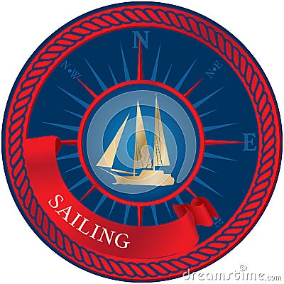 Blue emblem with sailboat, compass and ribbon Vector Illustration