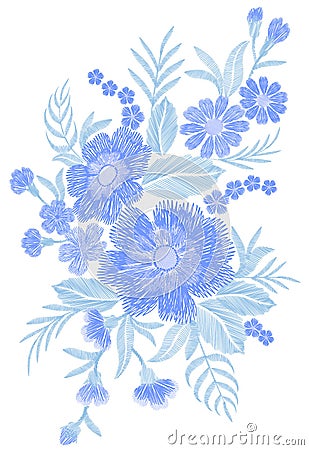 Blue embroidered flower bouquet field fashion patch fabric ornament traditional ethnic vintage embroidery vector Vector Illustration