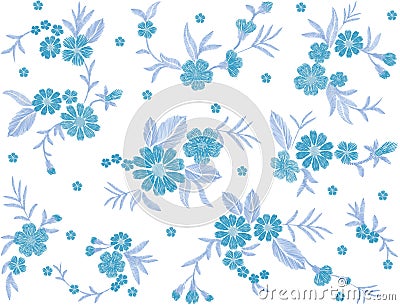 Blue embroidered flower seamless pattern field fashion patch fabric ornament traditional ethnic vintage embroidery Vector Illustration