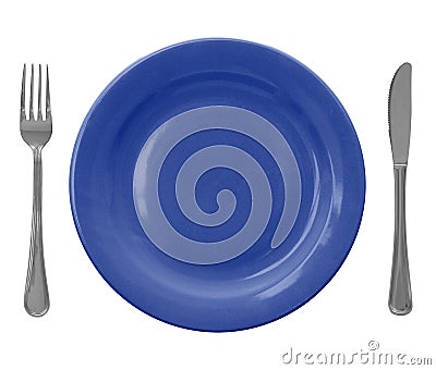 Blue empty plate with fork and knife Stock Photo