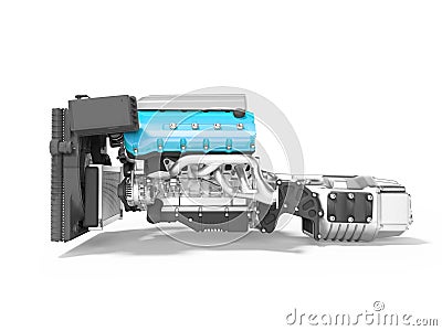 Blue engine for car assembly with gearbox rear view 3D render on white background with shadow Stock Photo