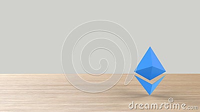 Blue Ethereum gold sign icon on wood table white background. 3d render isolated illustration, cryptocurrency, crypto, business, Cartoon Illustration