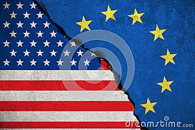 Blue european union EU flag on broken wall and half usa united states of america flag, crisis trump president and europe euro Stock Photo