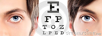 blue eyes close up on visual test chart, eyesight and eye examination concept in white background Stock Photo