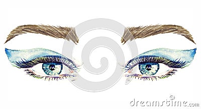 Blue eyes with makeup, blue soft wing shape eyeshadows, mascara, brown eyebrows Cartoon Illustration