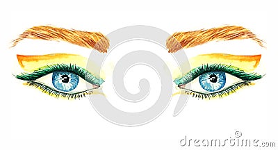Blue eyes with makeup, orange and green wing shape eyeshadows, mascara, brown eyebrows Cartoon Illustration