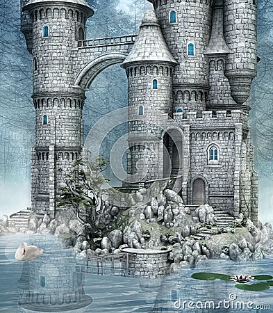 The blue magic castle on a lake island Cartoon Illustration