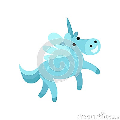 Blue fairytale unicorn with a rainbow mane cartoon vector Illustration Vector Illustration