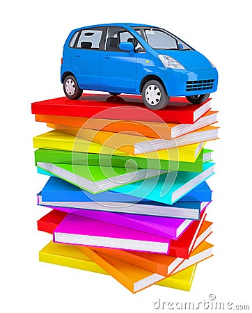 Blue family car on a stack of colorful books Stock Photo