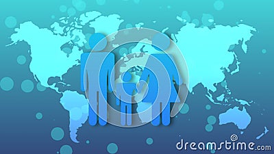 Blue family icon on world map with moving circles Stock Photo
